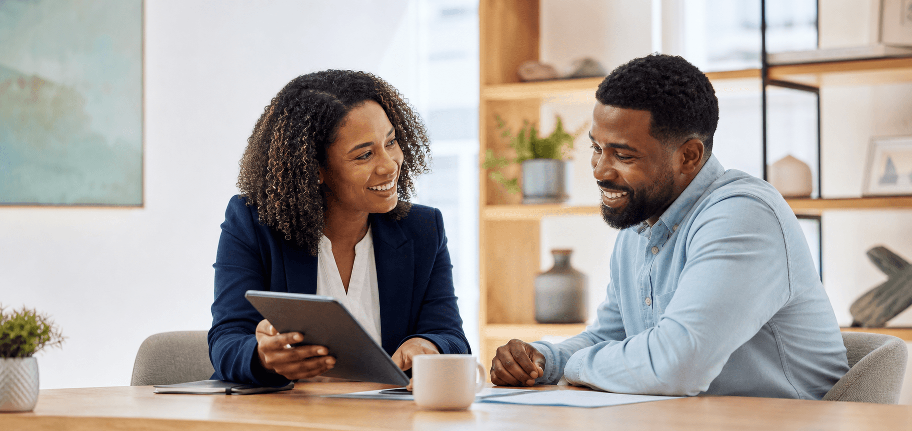 A lender and customer reviewing information together
