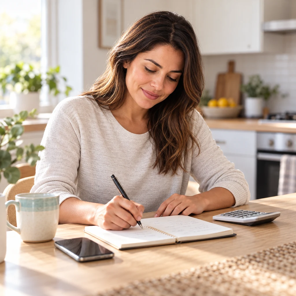 A woman reviewing her monthly budget in a notebook at her kitchen table