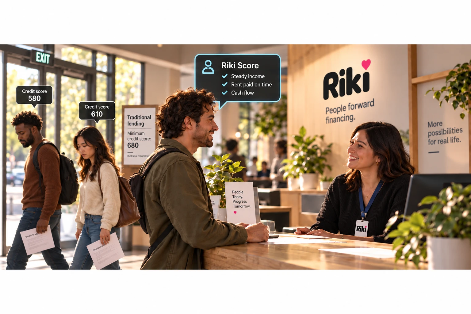 People discussing cash-flow lending at a welcoming bank counter, with income, rent payments and cash flow highlighted