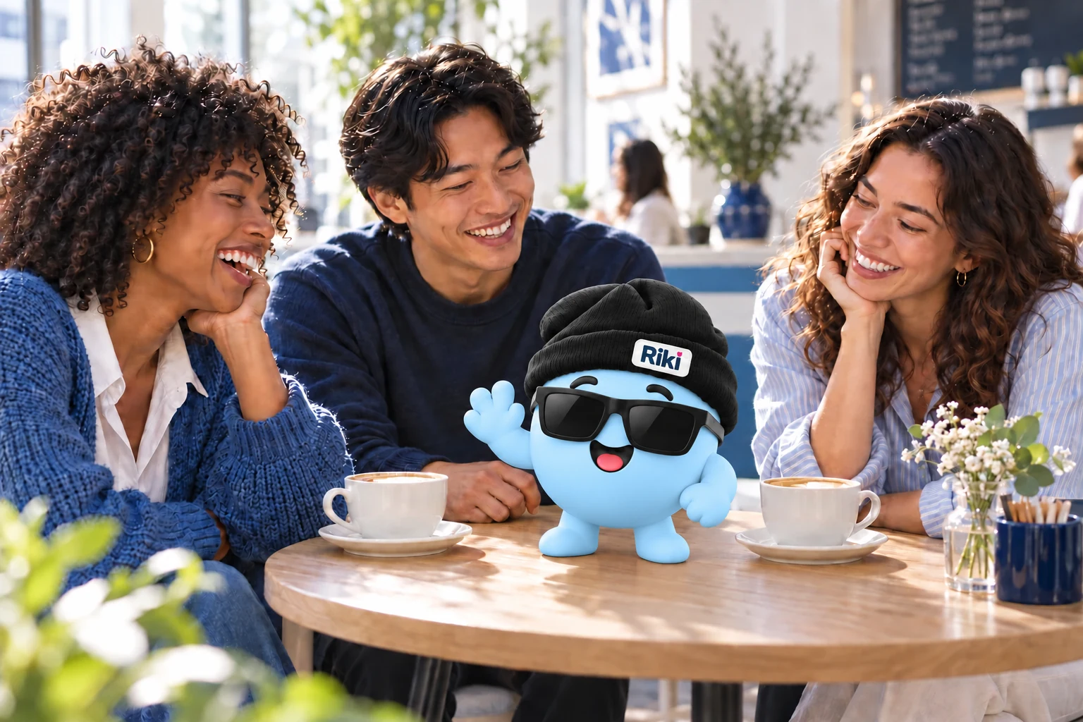 Friends enjoying coffee with Riki.