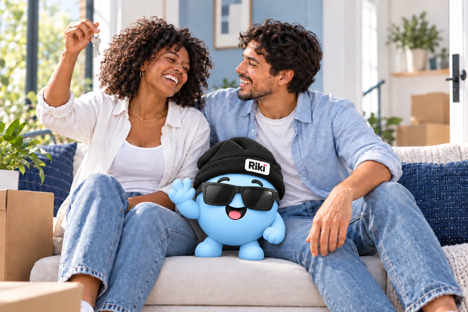 A smiling couple with house keys and Riki.
