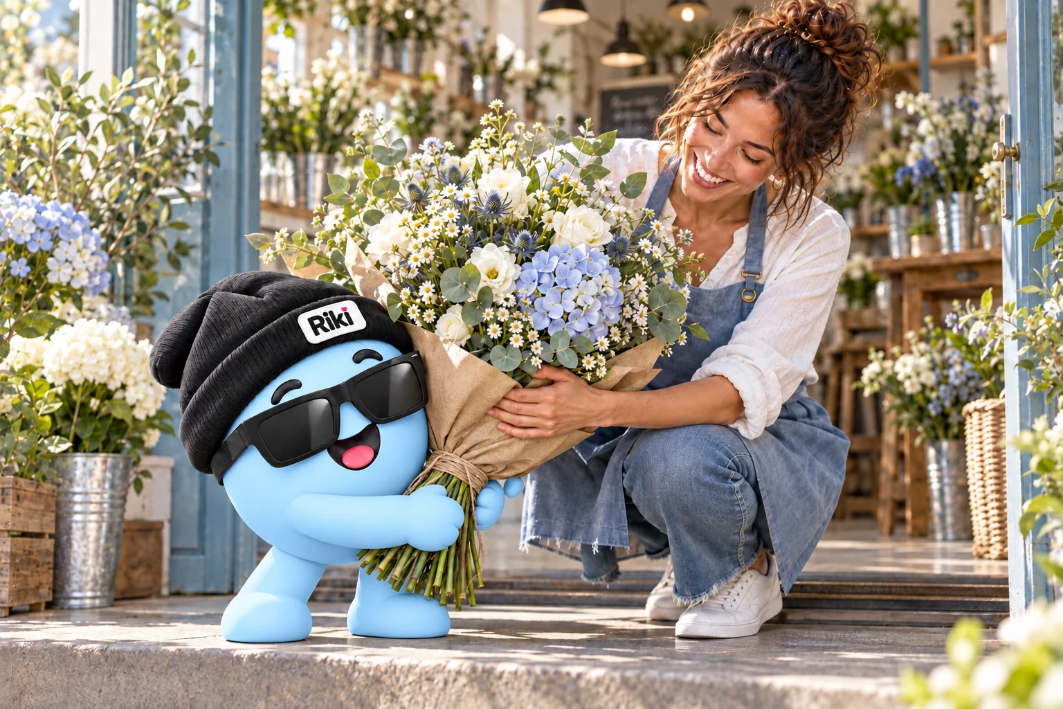 A smiling flower-shop owner with Riki.