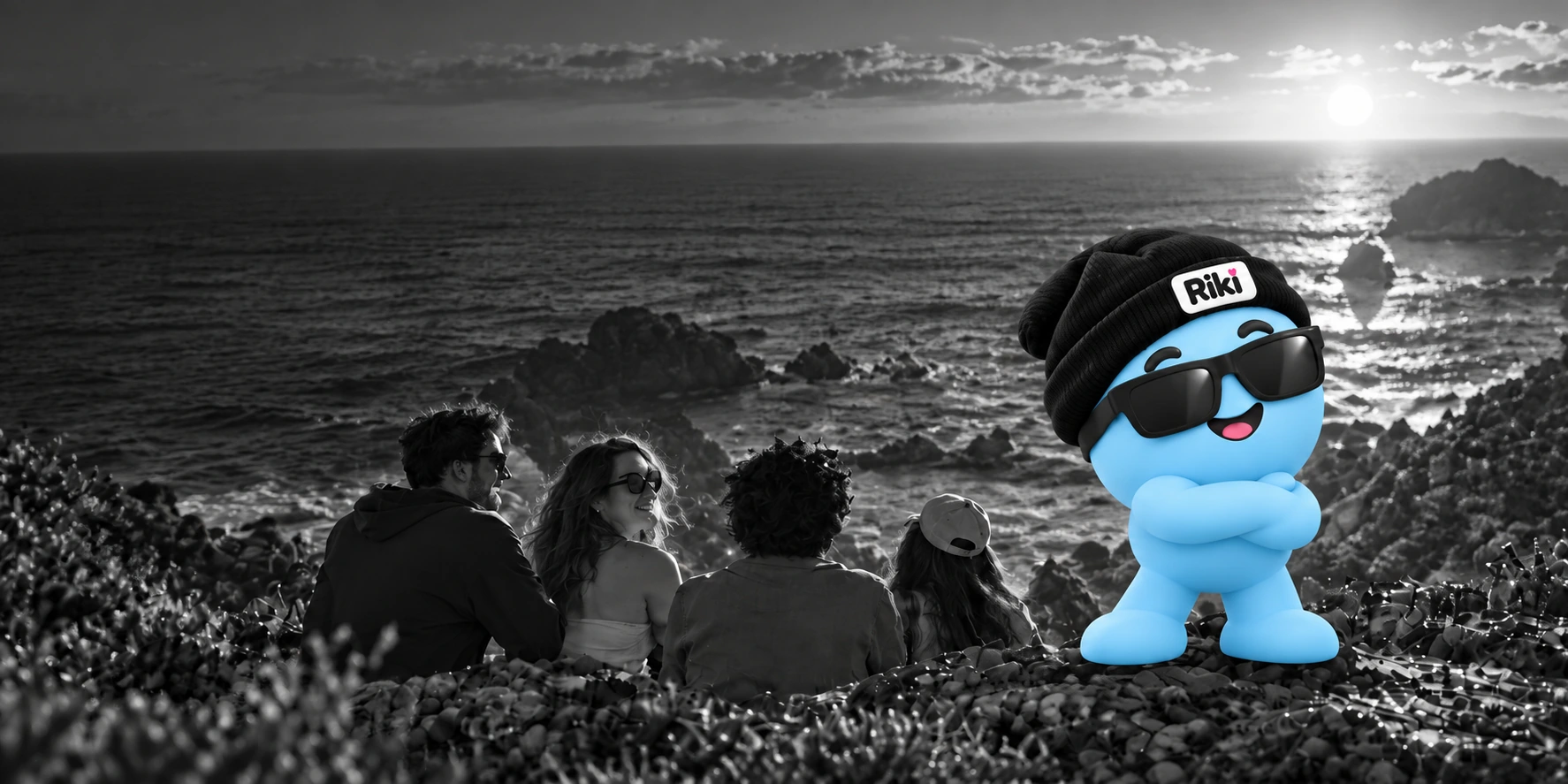 Light-blue Riki standing confidently beside friends overlooking the coast