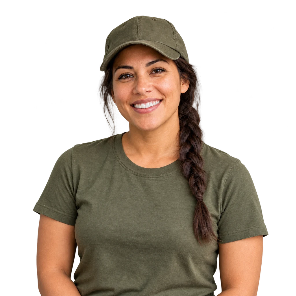 A smiling veteran wearing an olive T-shirt and cap