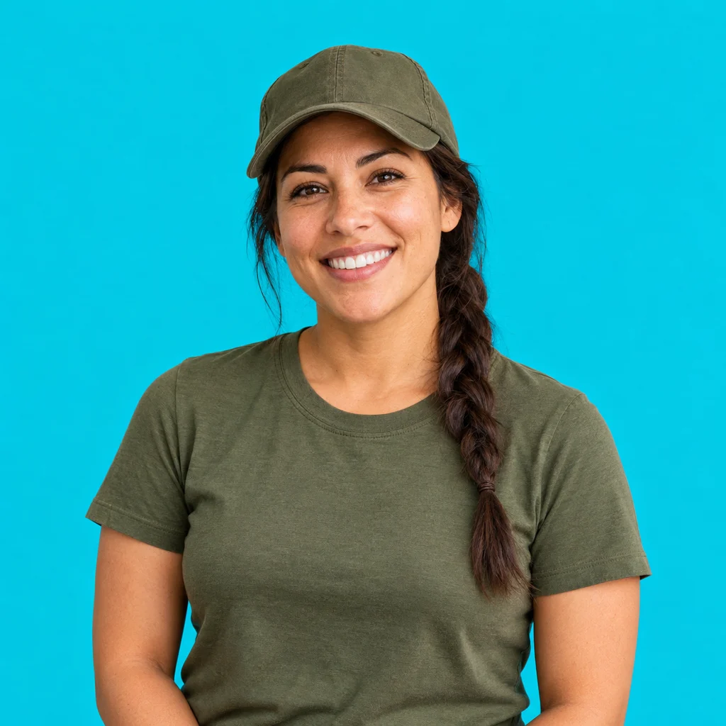 A smiling veteran in an olive T-shirt and cap
