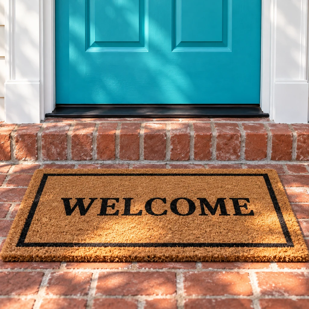 A WELCOME mat on sunlit brick steps beneath a turquoise door threshold